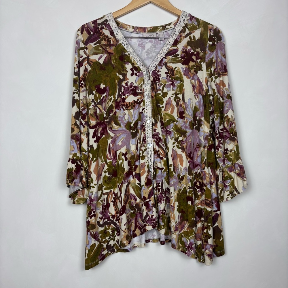 Lori Goldstein Women’s Watercolor Tunic Button Down Bell Sleeves Lace Trim M